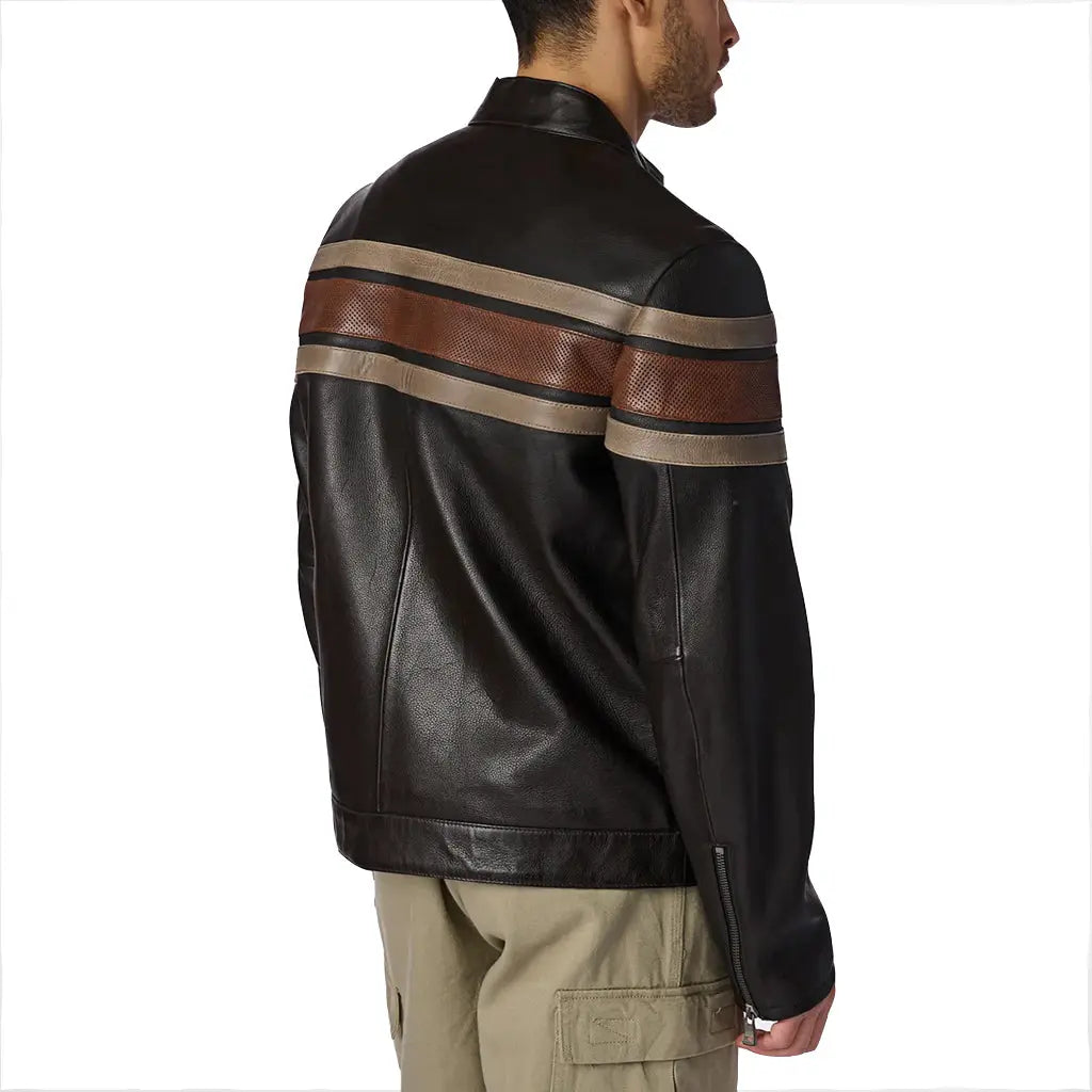 Retro Striped Black Men Leather Jacket - Image #3