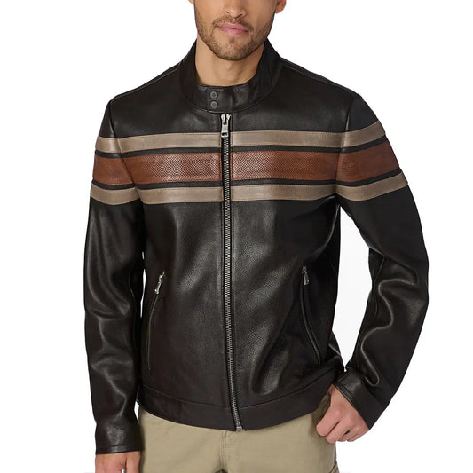 Retro Striped Black Men Leather Jacket - Image #1