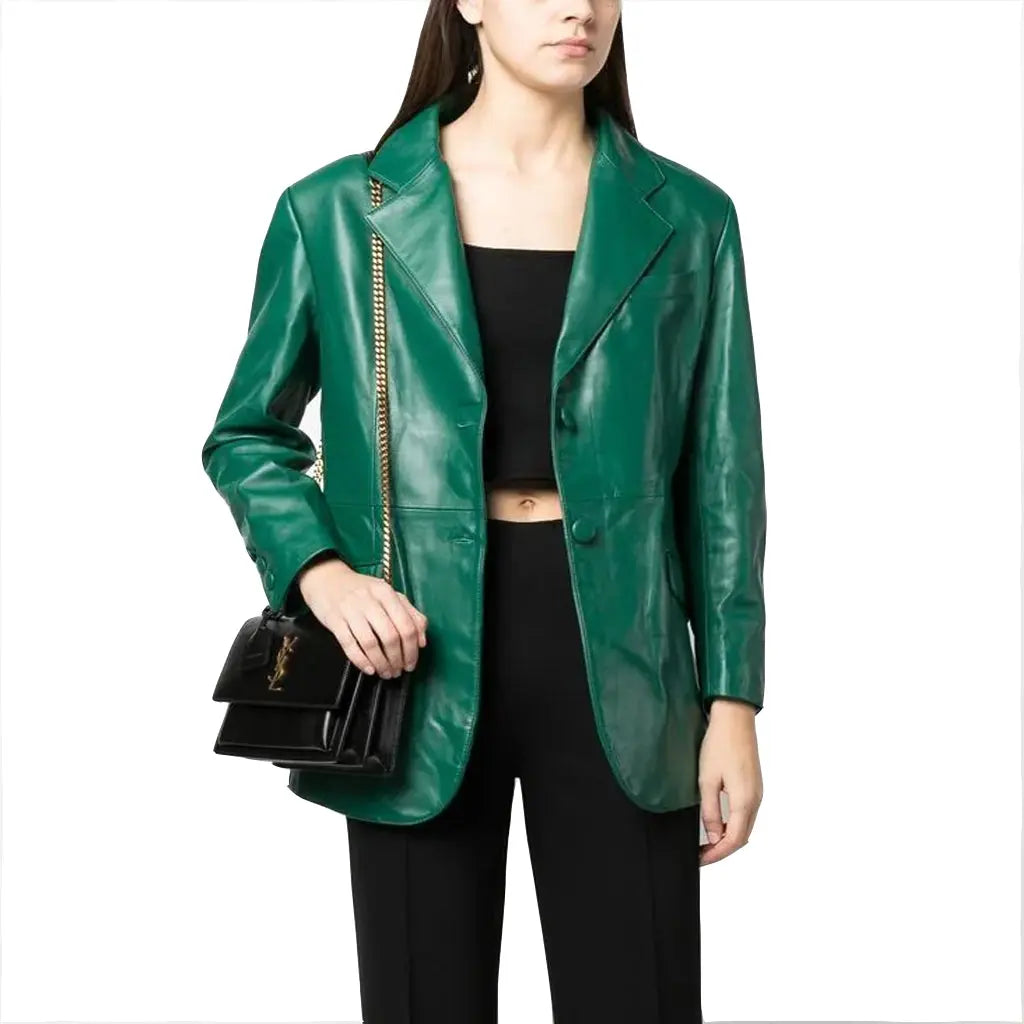 Classic Green Single-Breasted Leather Blazer Womens - Image #4