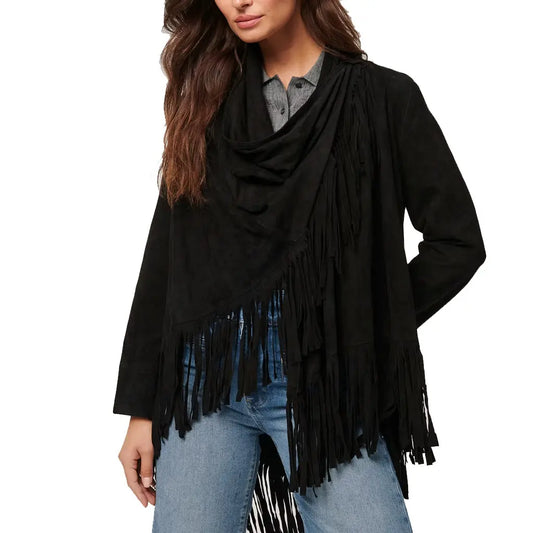 Versatile women’s wrap jacket with fringe Detailing