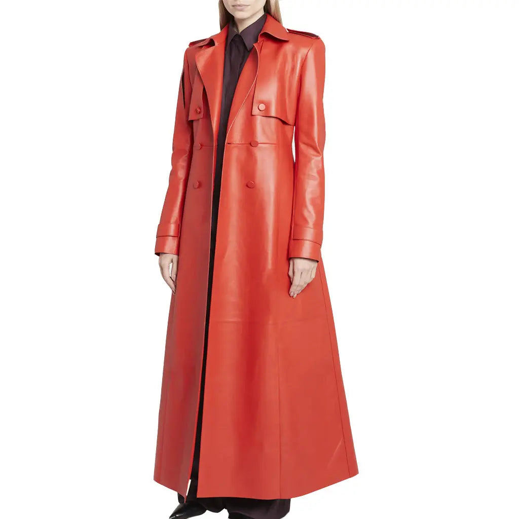 Ladies Red Belted Leather Trench Coat - Image #4