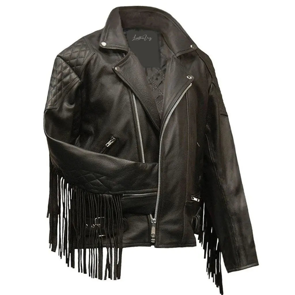 Men's Western Style Black Leather Jacket with Fringes and Quilted - Image #1