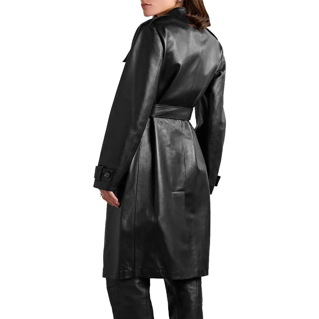 Women Genuine Leather Belted Stylish Trench Coat - Image #3