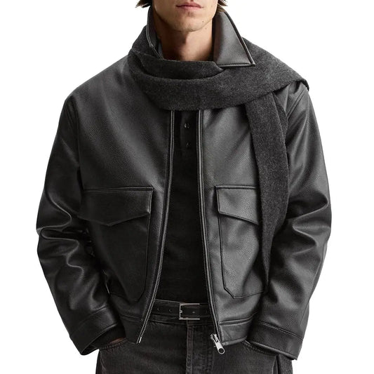 Stylish Winter Leather Jacket for Men In Black With Flap pockets
