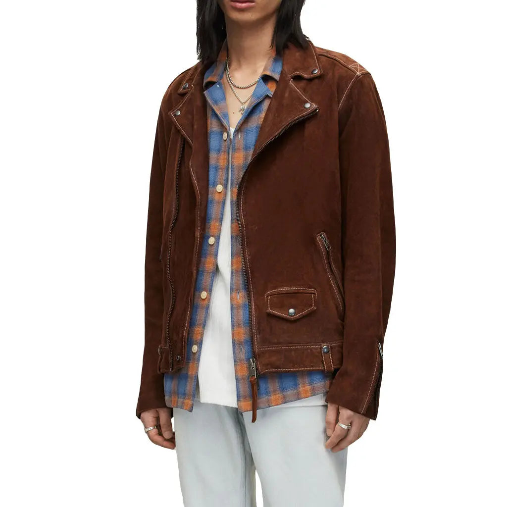 LeatherViz Asymmetric Zip Brown Suede Biker Jacket - Image #3