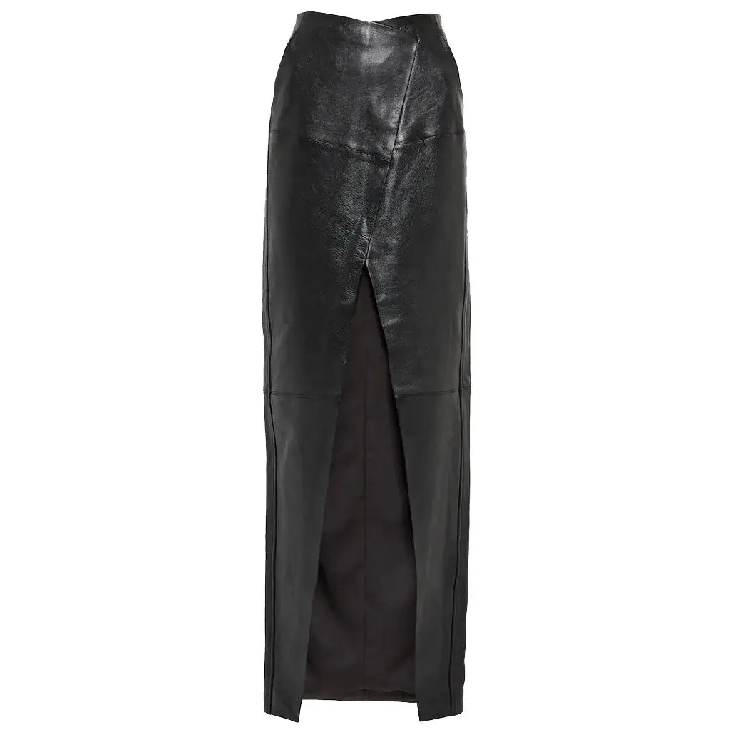 Front Slit Black Maxi Leather Skirt - Image #1