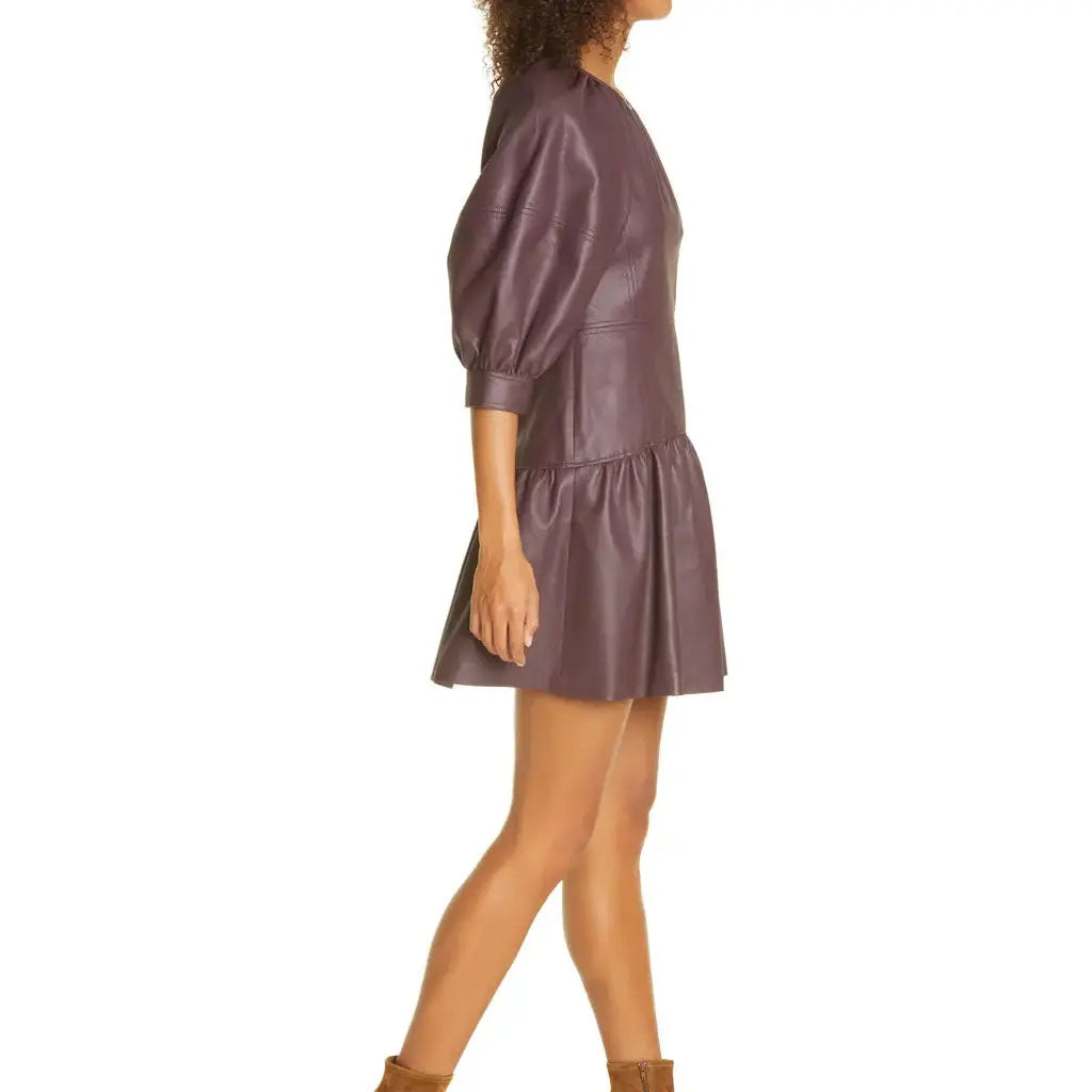 Women's Faux Leather Puff Sleeve Dress - Image #3