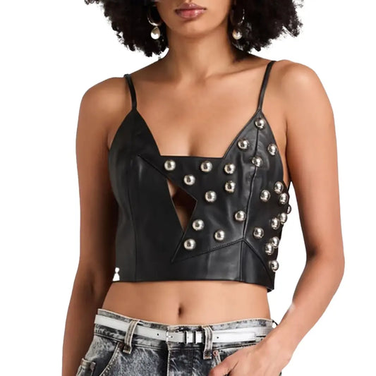 Women in summer collection studded cropped Leather Top with start at front 