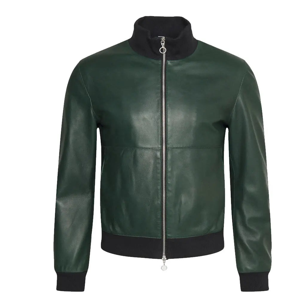 Standing Collar Men Green Leather Bomber Jacket 