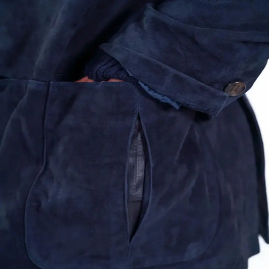 Navy Blue Suede Leather Blazer For Men - Image #3