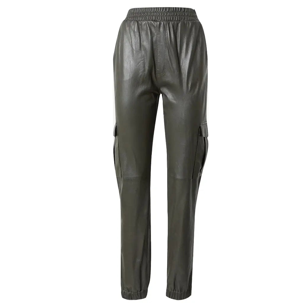 Womens Genuine Leather Elastic Waistband Tapered Leather Cargo Pants  In Black