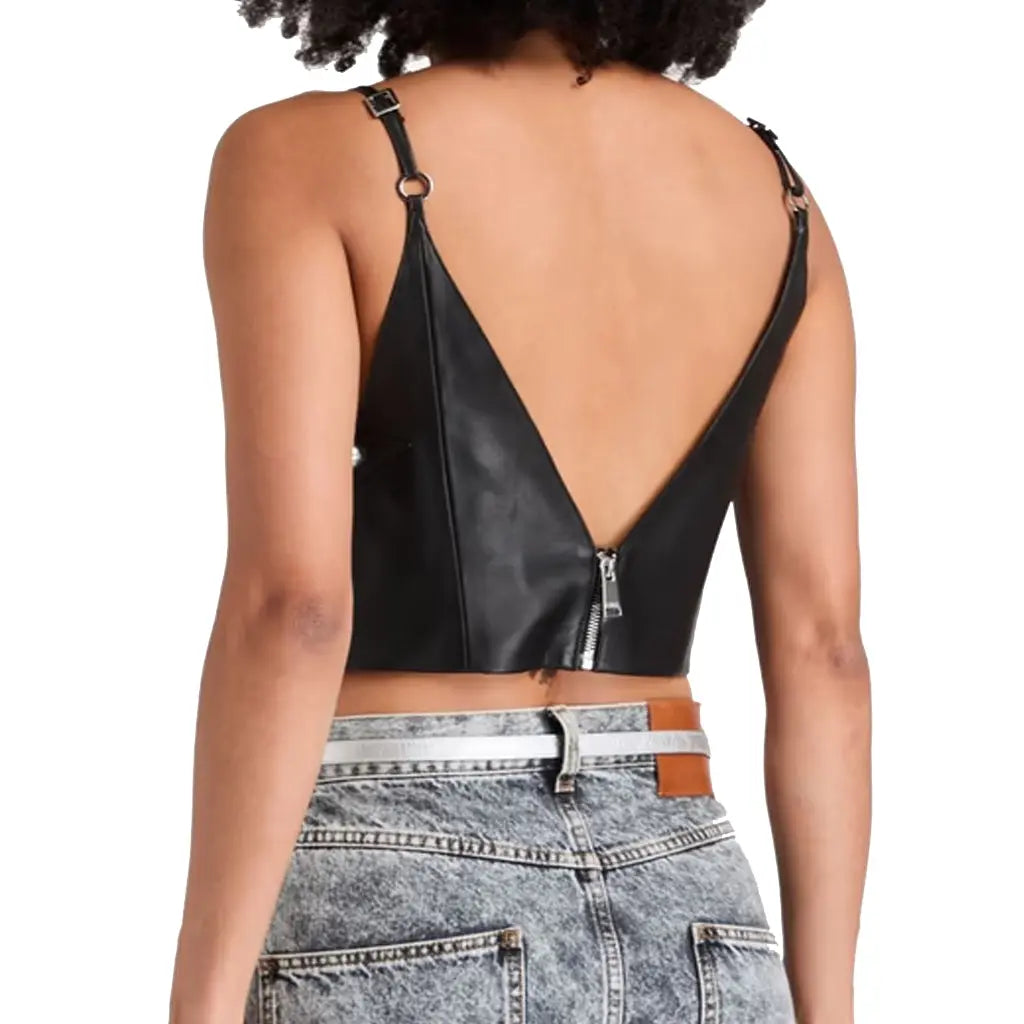 Women in Summer Style Studded Crop Leather Top for ladies with V neckline and back zipper