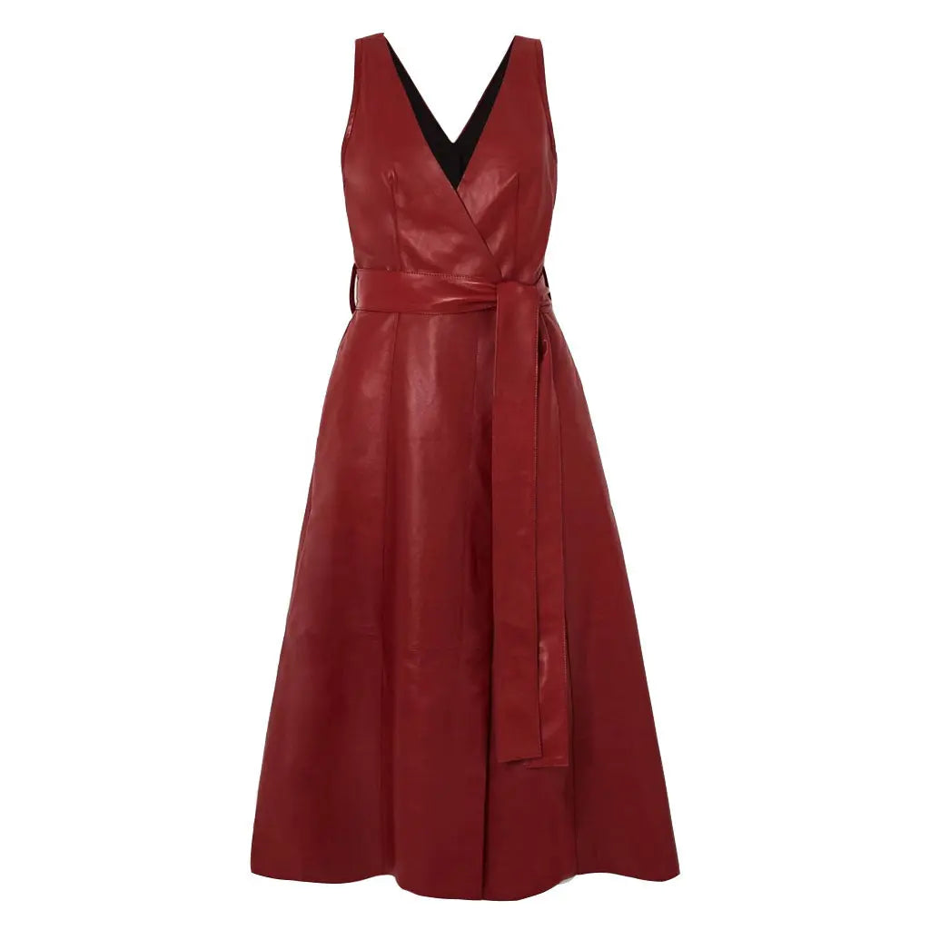 Handmade V neck Midi Calf Red Leather Dress  