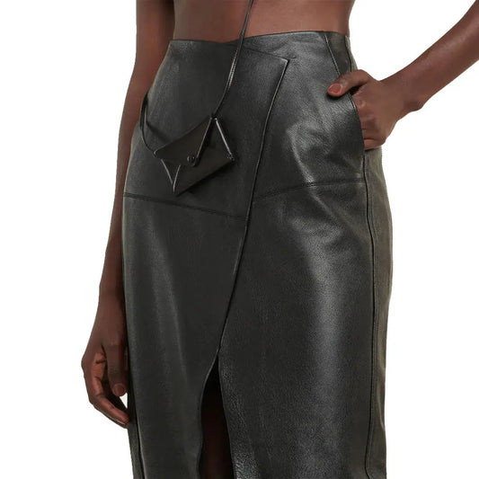 Front Slit Black Maxi Leather Skirt - Image #2