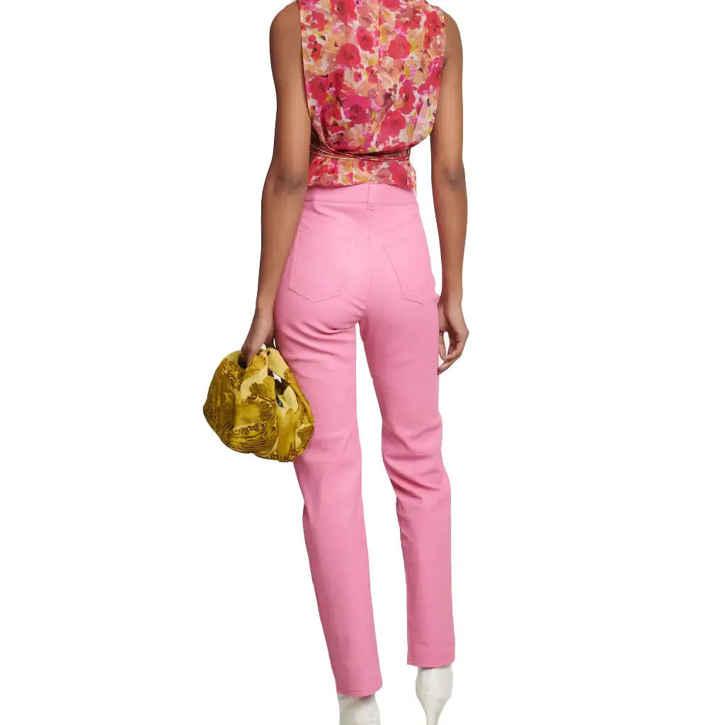 Ladies High-Rise Pink Leather Trousers Pants - Image #3