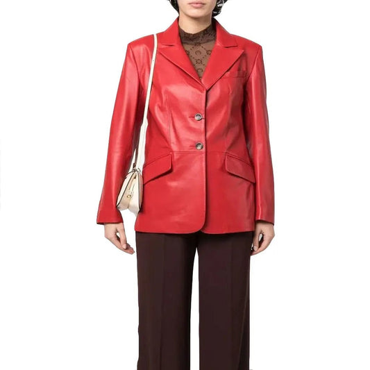Women's Single-Breasted Leather Blazer In Red - Image #1