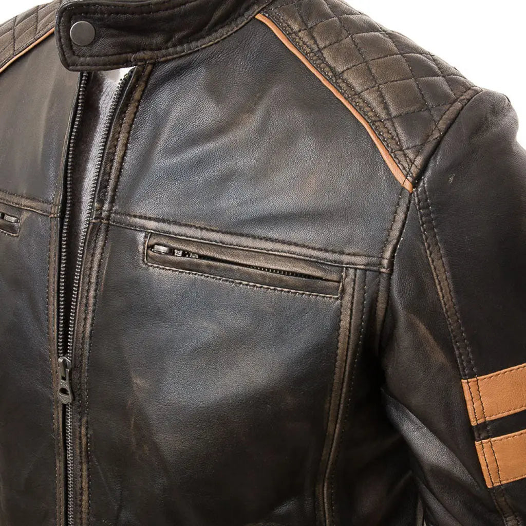Men's Vintage Leather Racer Biker Jacket - Image #3