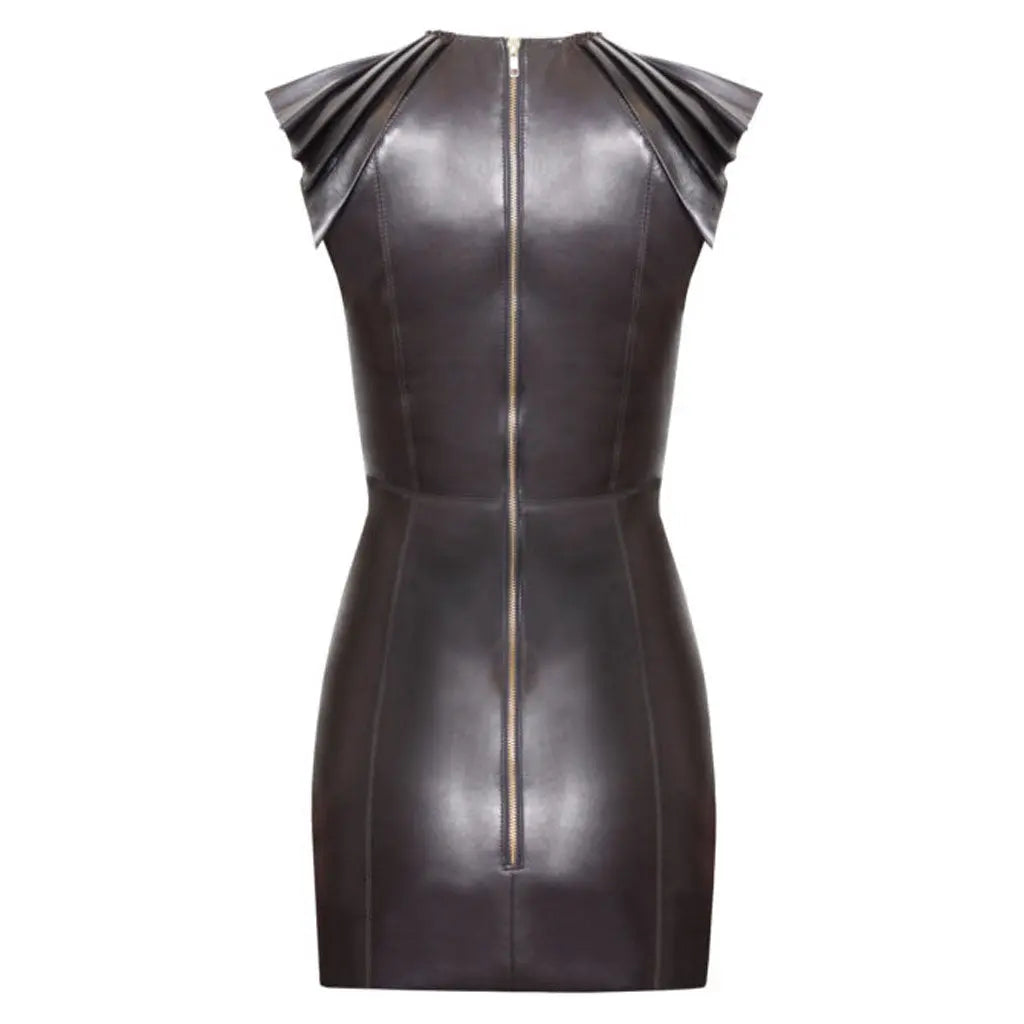 Halloween Pleated Shoulders Ladies Dark Brown Party Leather Dress - Image #2