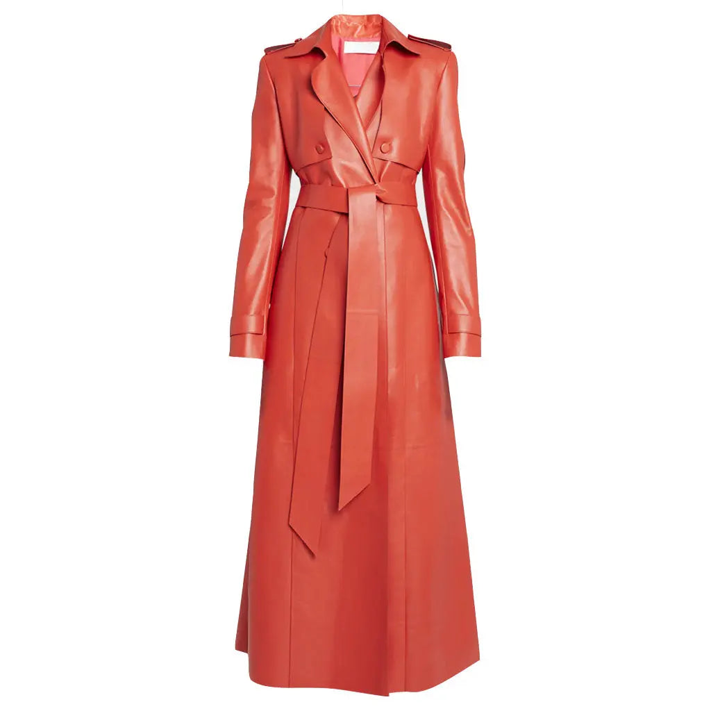 Ladies Red Belted Leather Trench Coat - Image #2