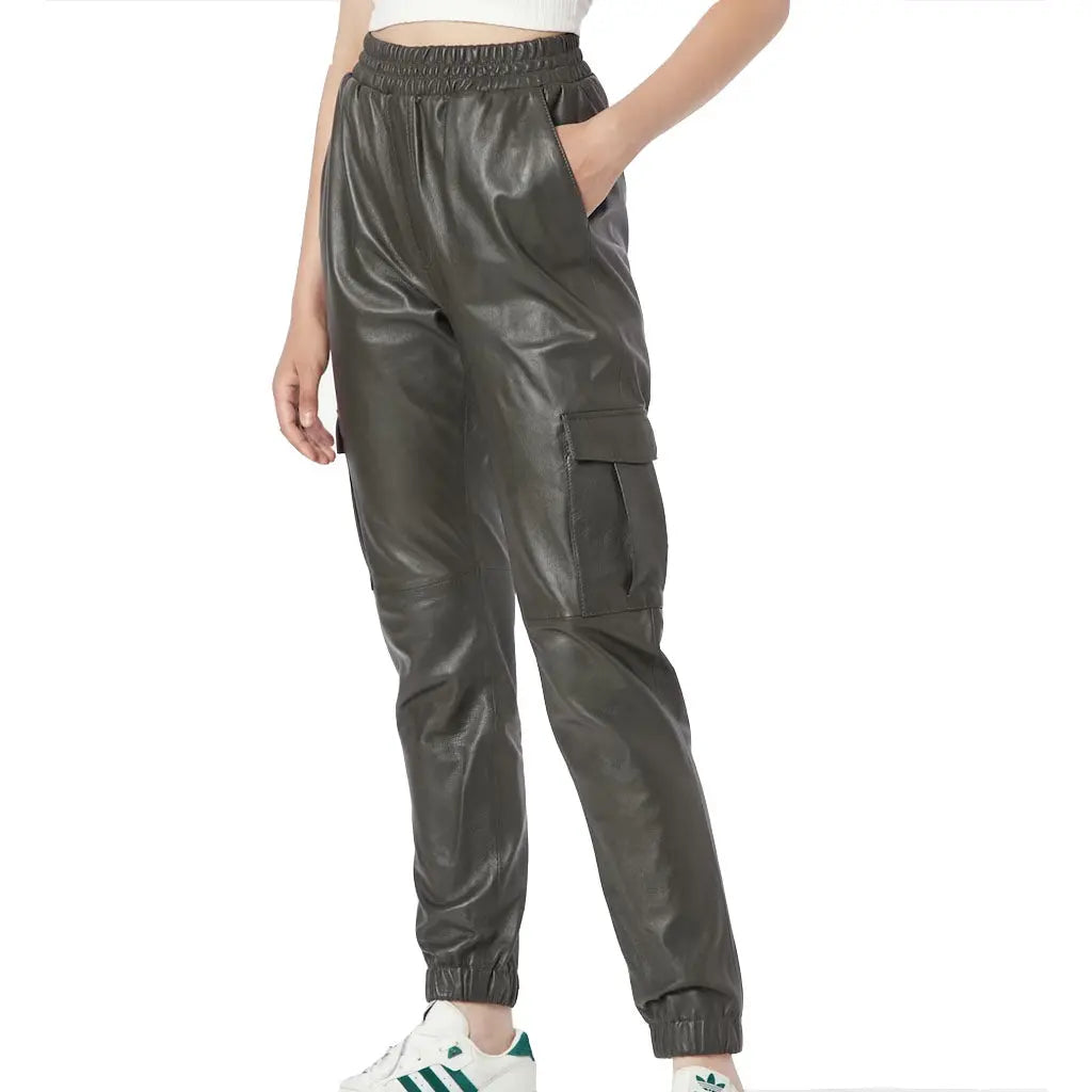 Womens Genuine Leather Elastic Waistband Tapered Leather Cargo Pants