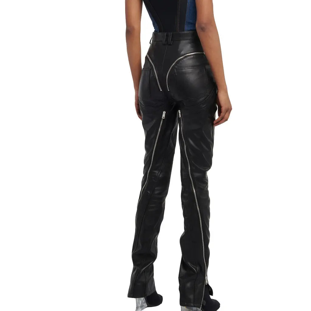 Black Zipped High-Waisted Biker Leather Jeans For Ladies - Image #3