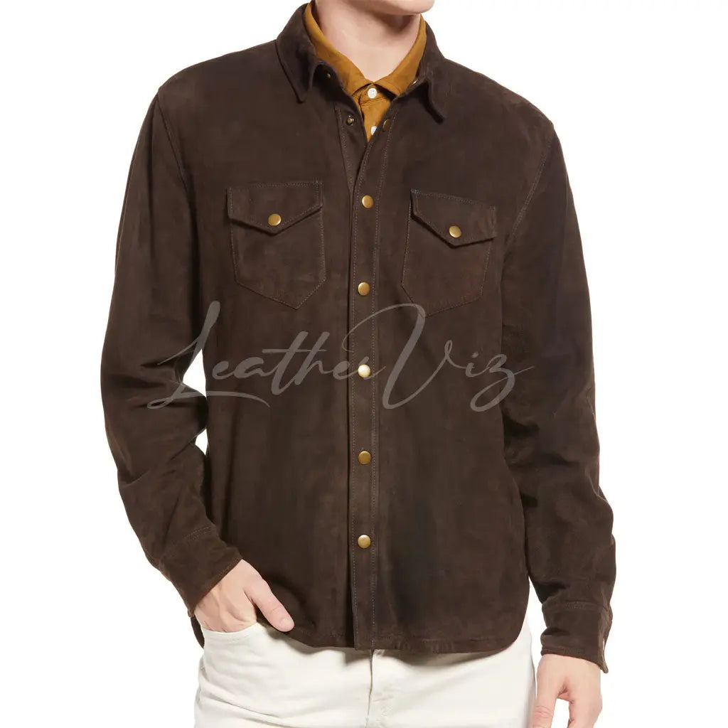 SUEDE LEATHER SNAP FRONT SHIRT FOR MEN - Image #1