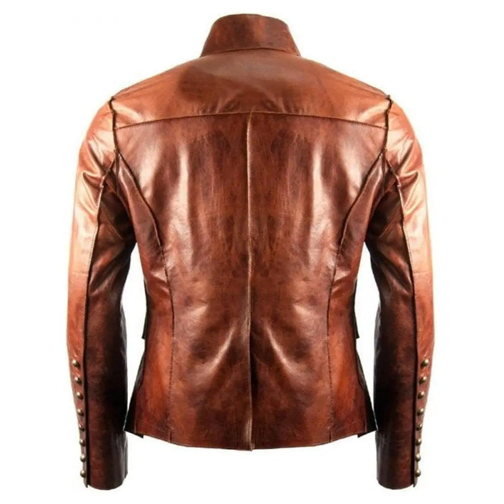 Men’s Military Fitted Tan Distressed Leather Jacket - Image #2