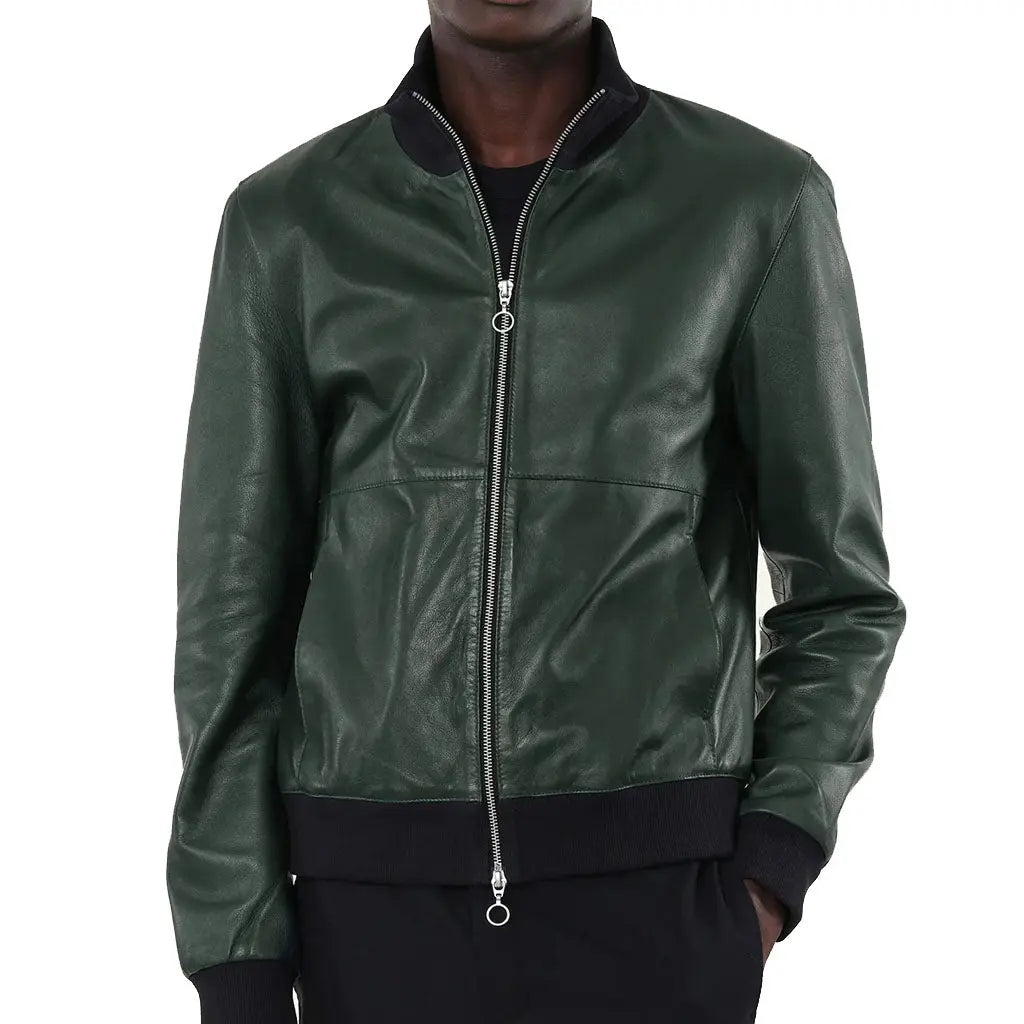 Standing Collar Men Green Leather Bomber Jacket 