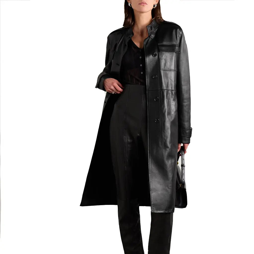 Women Genuine Leather Belted Stylish Trench Coat - Image #1