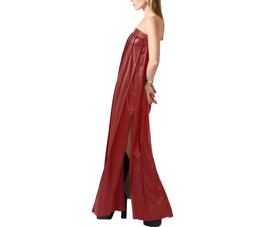 Red Vegan Leather Pleated Minimalist Maxi Winter Party Dress - Image #1