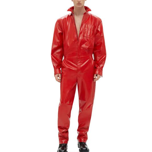 Red Men Leather Jumpsuit Men's Lambskin Leather Jumpsuit