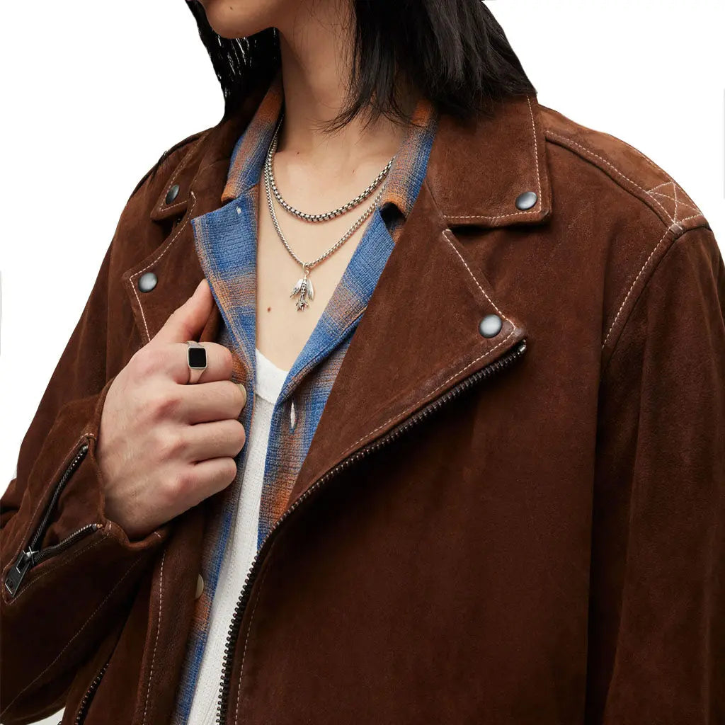 LeatherViz Asymmetric Zip Brown Suede Biker Jacket - Image #4