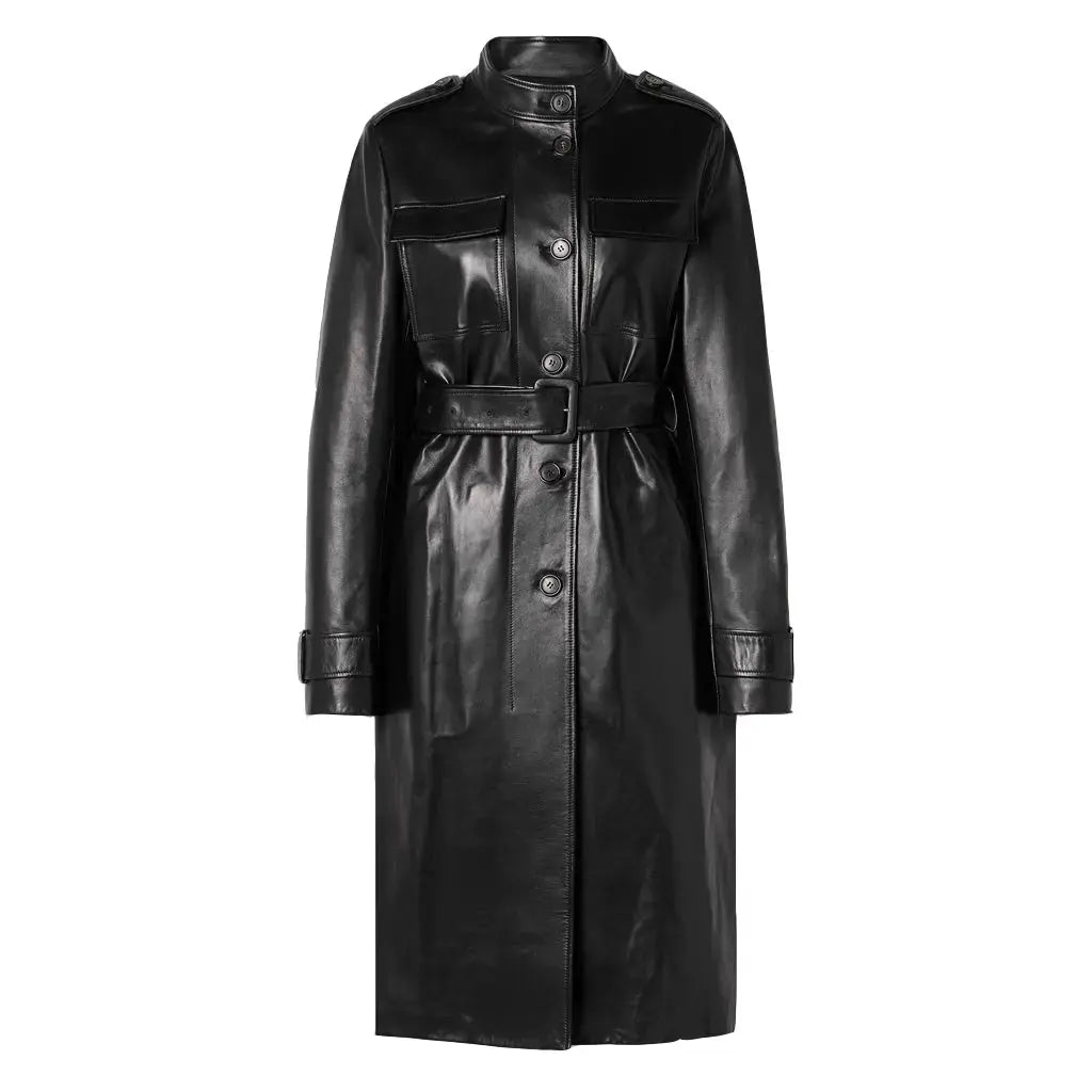 Women Genuine Leather Belted Stylish Trench Coat - Image #2