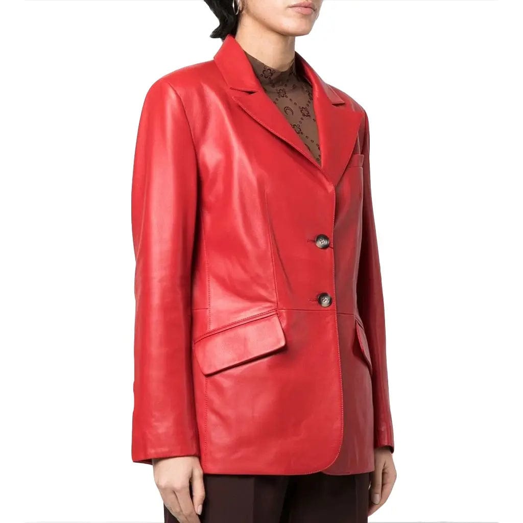 Women's Single-Breasted Leather Blazer In Red - Image #3