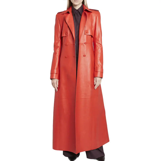 Ladies Red Belted Leather Trench Coat - Image #1