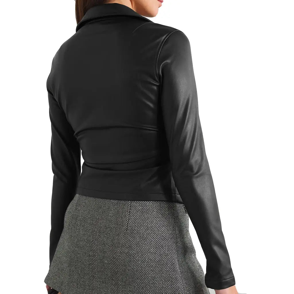 Back View of Women’s Faux Leather Crop Shirt – Sleek & Stylish