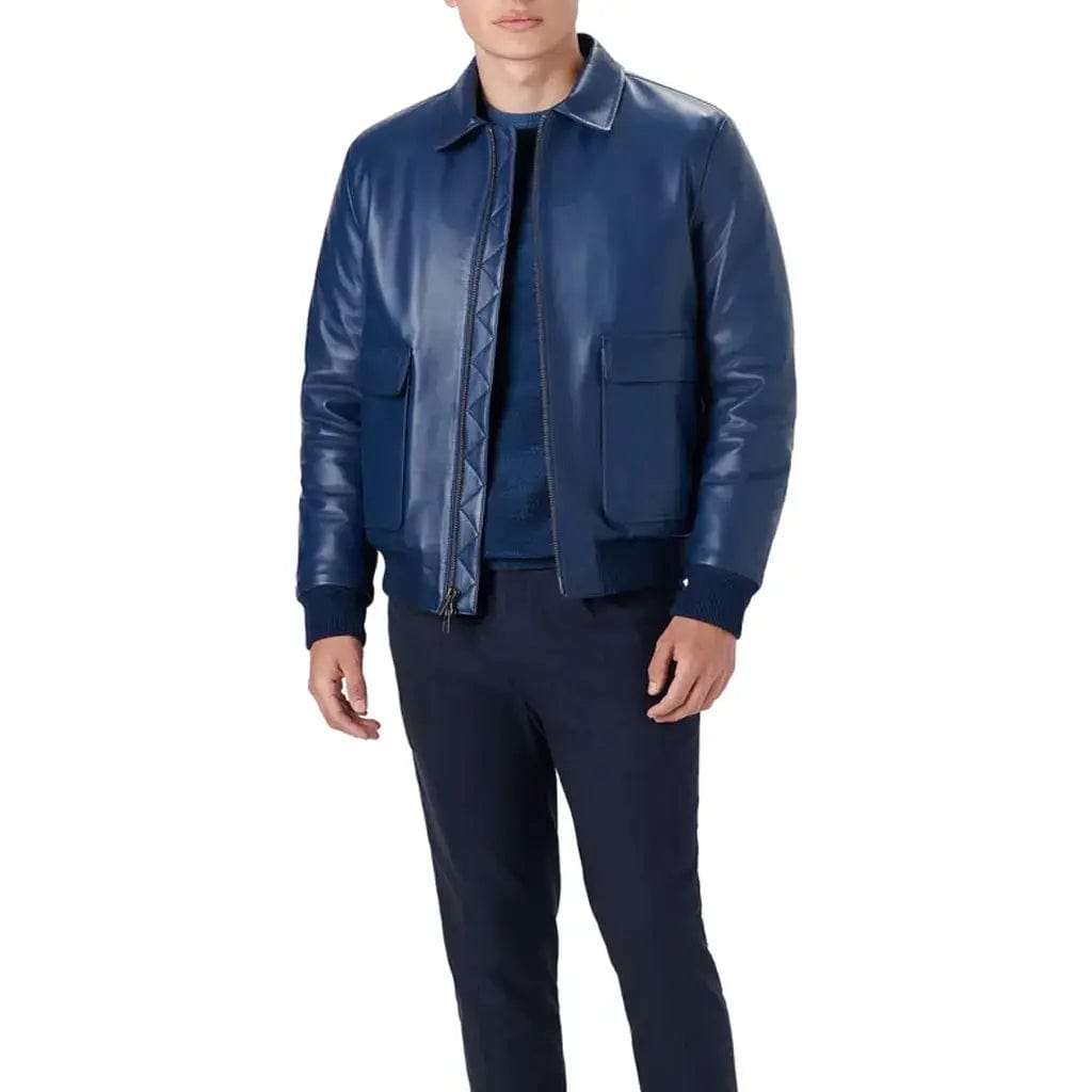 Mens Classic Blue Leather Bomber Jacket - Image #5