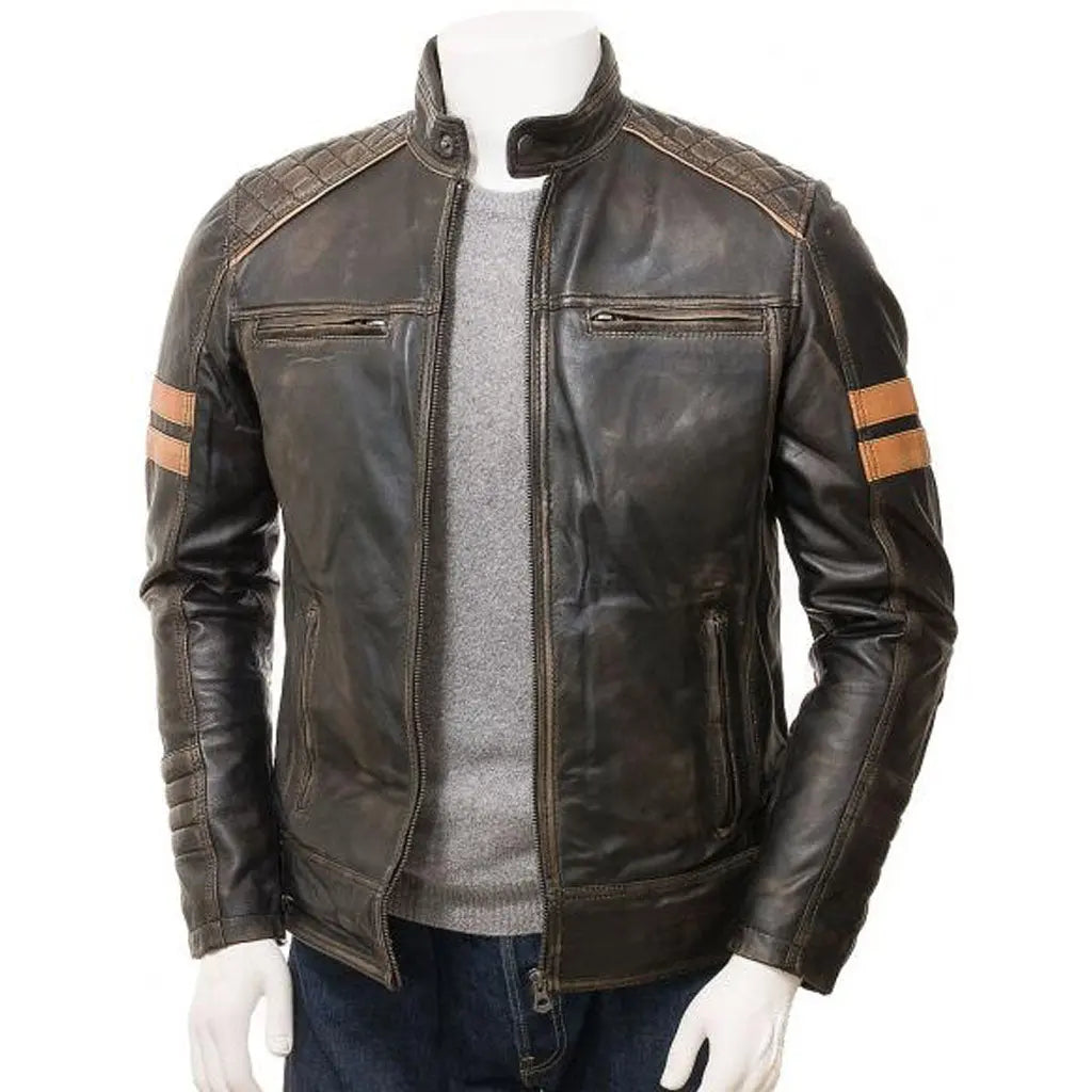 Men's Vintage Leather Racer Biker Jacket - Image #2