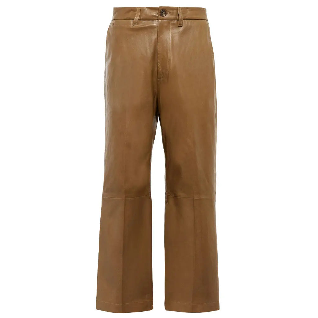 Women's Real Lambskin Leather Beige Pants Wide-Leg Trousers Pants - Image #3