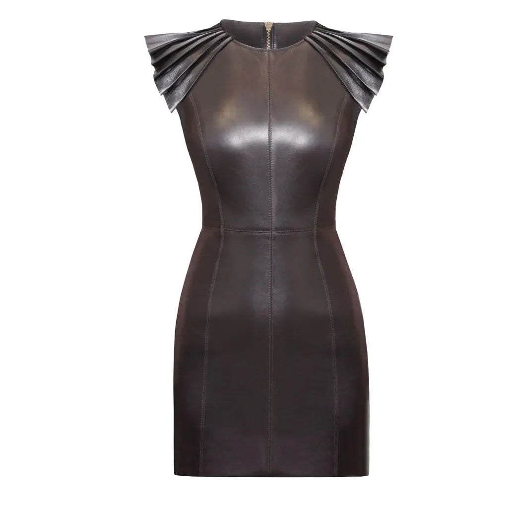 Halloween Pleated Shoulders Ladies Dark Brown Party Leather Dress - Image #1