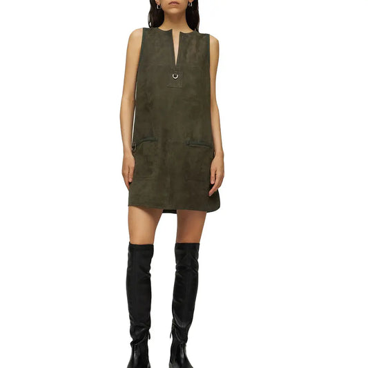 Mother Day Special Front Slit Suede Leather Dress - Image #1