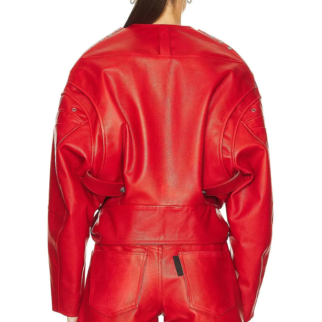 Red Leather Jacket Women Real Lambskin Moto Biker Jacket