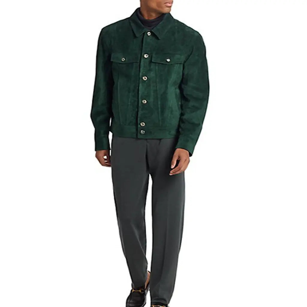 Men Suede Leather Jacket in Dark Green - Image #3