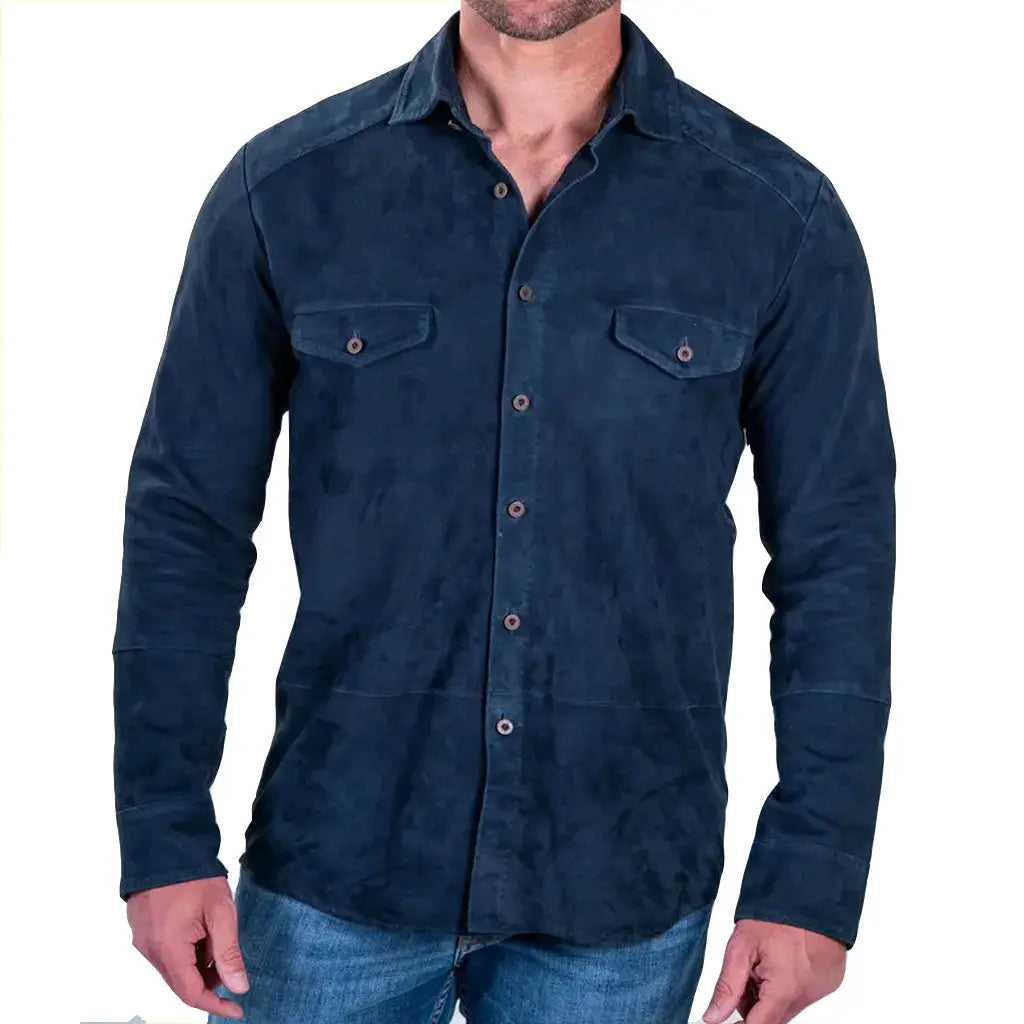 Navy Blue Suede Leather Button-Up Shirt Men's - Image #3