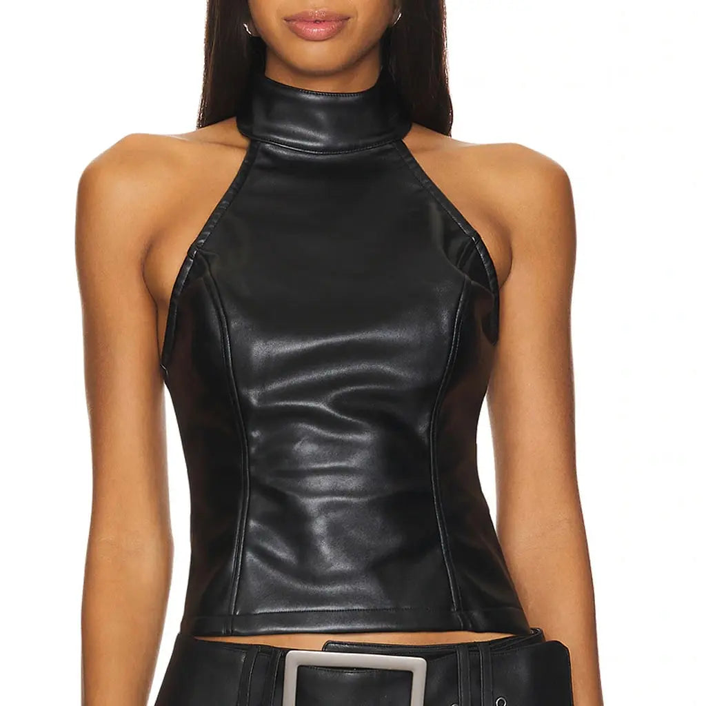 Black Genuine leather halter neckline  top