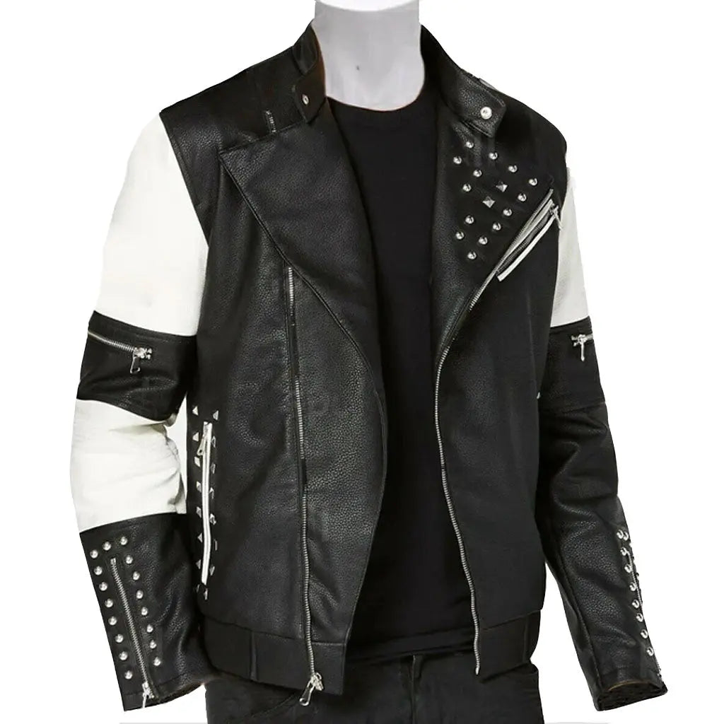 Men's Two Tone Black White Genuine Leather Studded Biker Jacket - Image #1