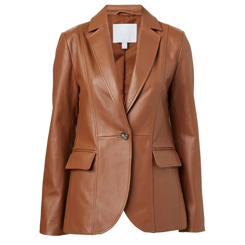 Women's Genuine Leather Single-Breasted Blazer - Image #4