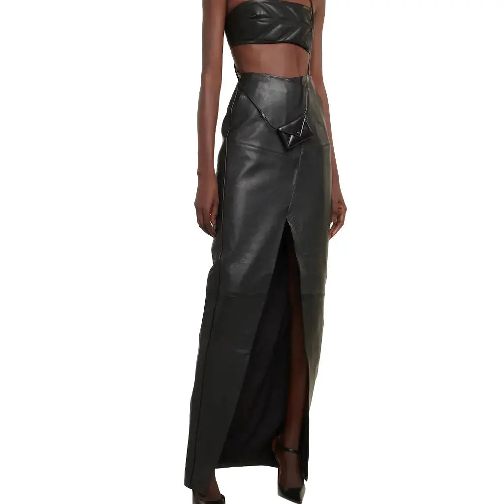 Front Slit Black Maxi Leather Skirt - Image #4