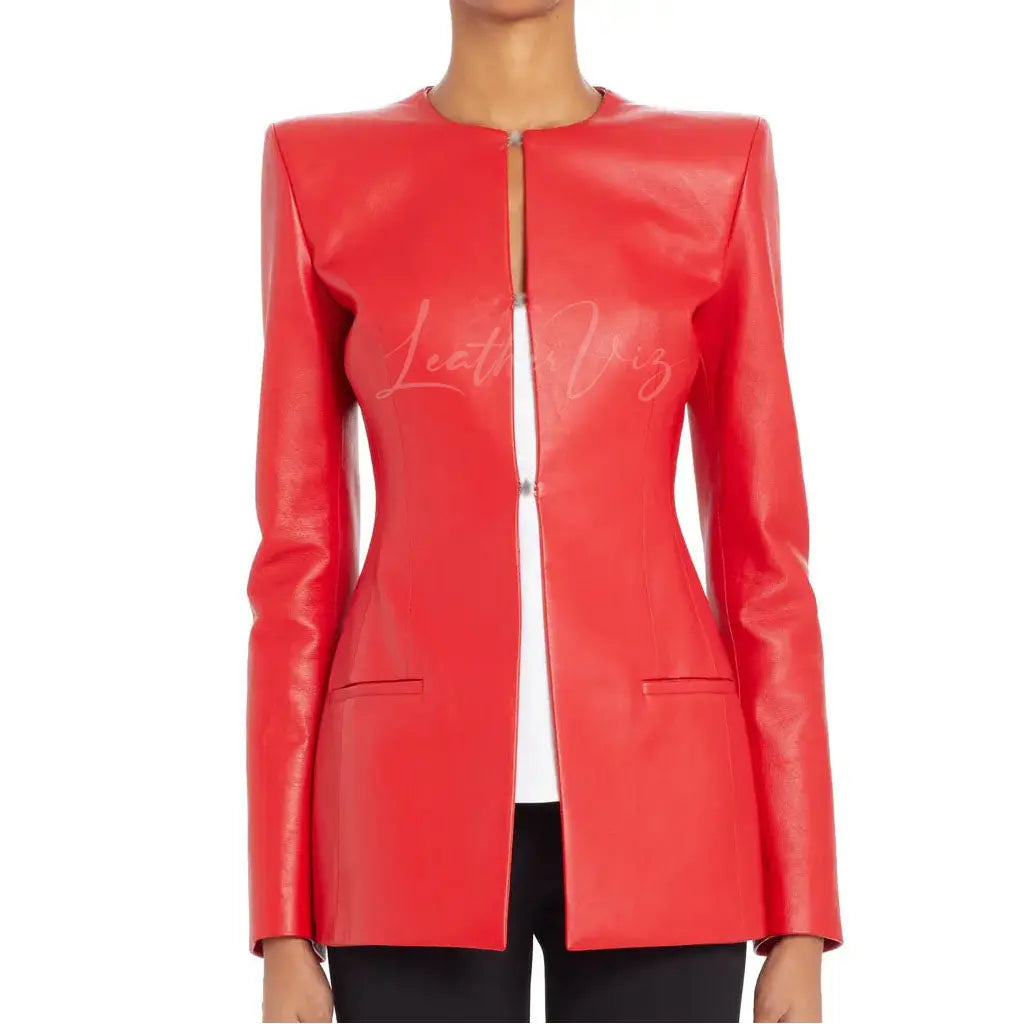 Red Leather Blazer For Women - Image #3