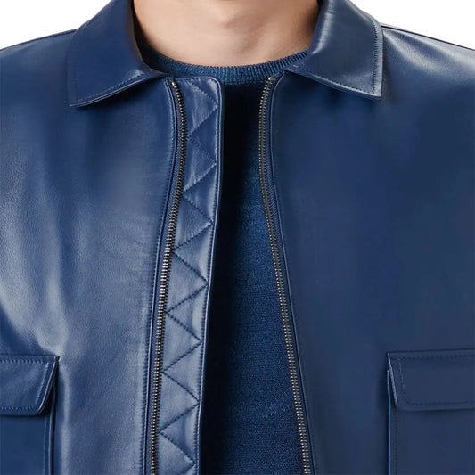 Mens Classic Blue Leather Bomber Jacket - Image #2
